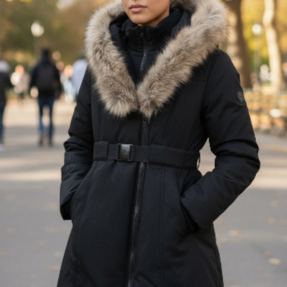 Toboggan Canada Black Winter Parka Faux Fur Hood Belted Eva B III Sweetheart - Picture 1 of 7